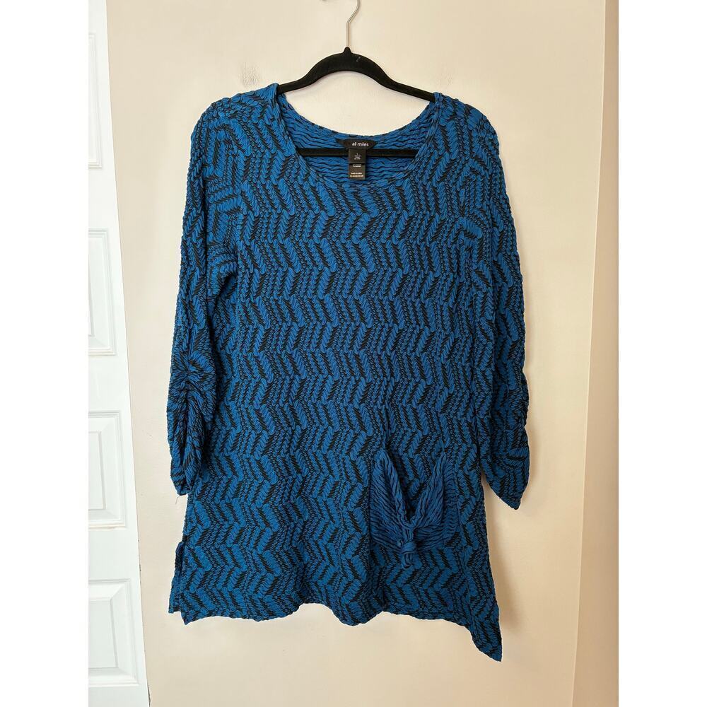 Ali Miles Black and Blue Long Sleeve Blouse Artsy Lagen Women's Large